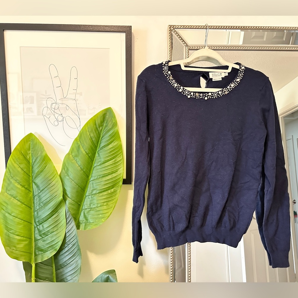 Navy Sweater with Embellished Collar